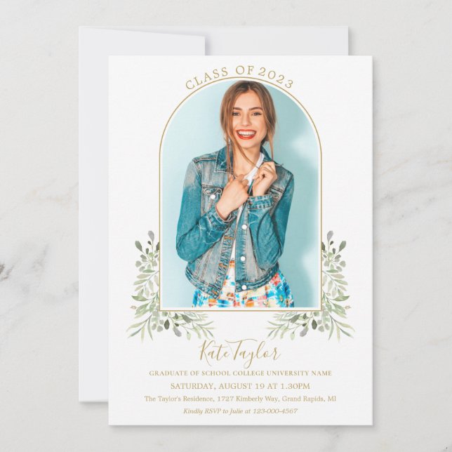 Elegant Greenery Guld Arch Photo Studentfest Inbjudningar (Framsida)