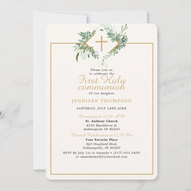 Elegant Greenery Guld First Communion Inbjudningar (Framsida)