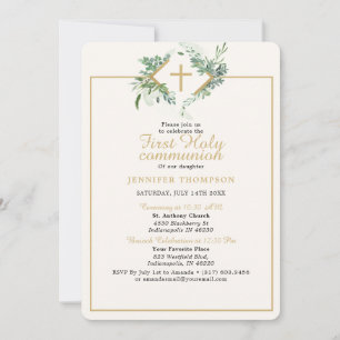 Elegant Greenery Guld First Communion Inbjudningar