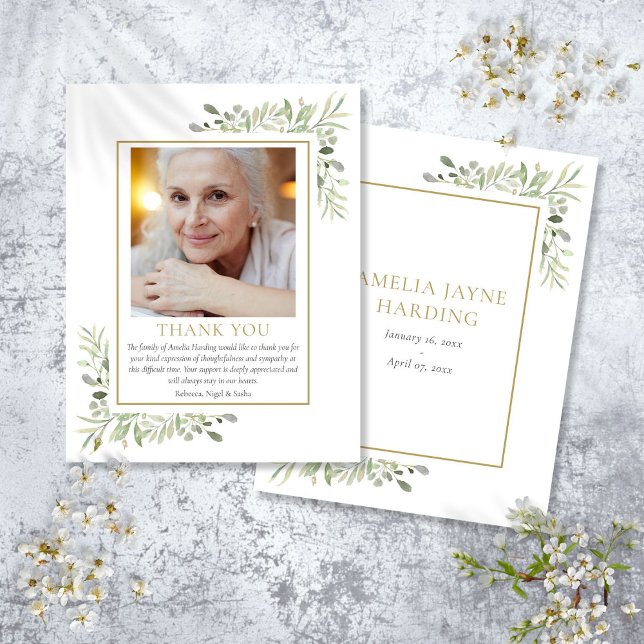 Elegant Greenery Guld Funeral Photo Tack Kort (Elegant Greenery Gold Funeral Photo Thank You Card)