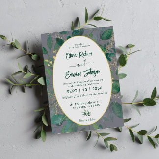 Elegant Greenery Guld Geometric Ram Grått Bröllop Inbjudningar