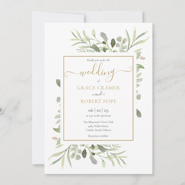 Elegant Greenery Guld Geometric Script Bröllop Inbjudningar (Framsida)