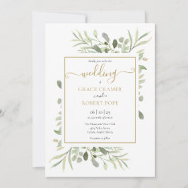 Elegant Greenery Guld Geometric Script Bröllop Inbjudningar