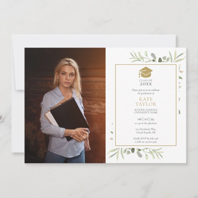 Elegant Greenery Guld Hatt Examen Fest Foto I Inbjudningar (Framsida)