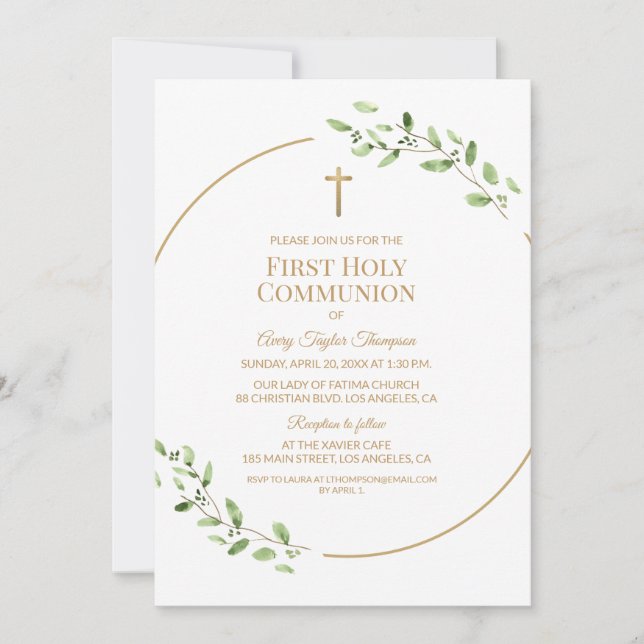 Elegant Greenery Guld Kors Första Nattvarden  Inbjudningar (Framsida)