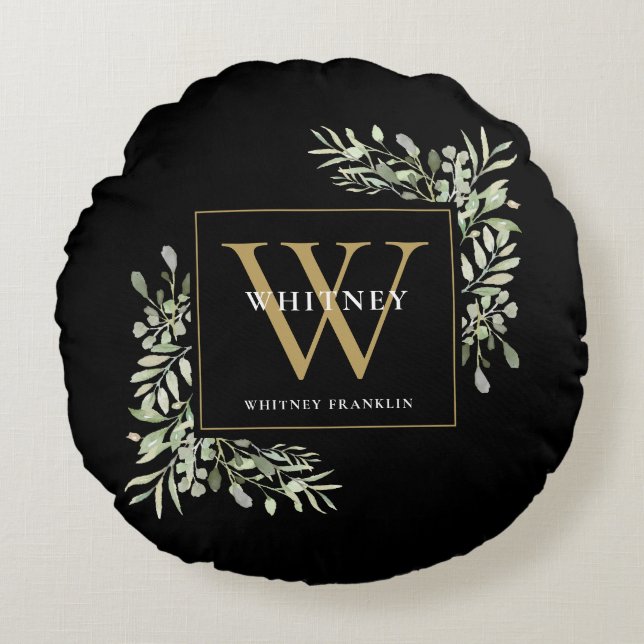 Elegant Greenery Guld Monogram Black Rund Kudde (Framsidan)