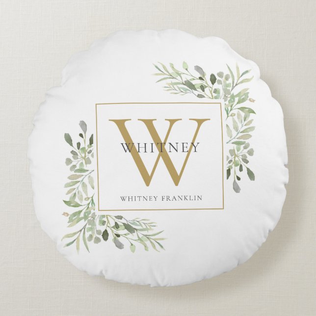 Elegant Greenery Guld Monogram Rund Kudde (Framsidan)