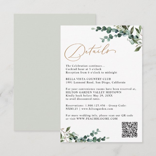 Elegant Greenery Guld QR-kod Bröllopsdetaljer Tilläggskort (Fram/baksida)