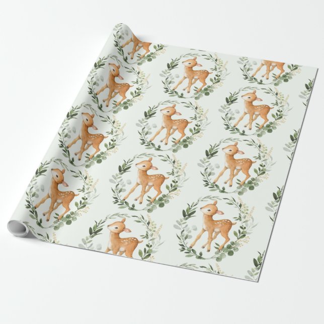 Elegant Greenery Guld Woodland Hjort Baby Fawn Presentpapper (Utrullad)