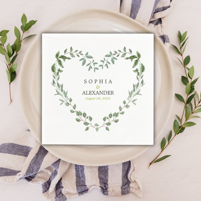Elegant Greenery Heart Bröllop Personlig Pappersservett (Elegant Greenery Heart Wedding Personalized Napkins)