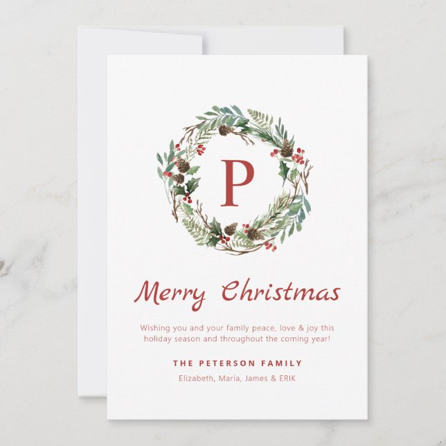 Elegant Greenery Holly Berry Monogram andedräkt Julkort (Framsida)