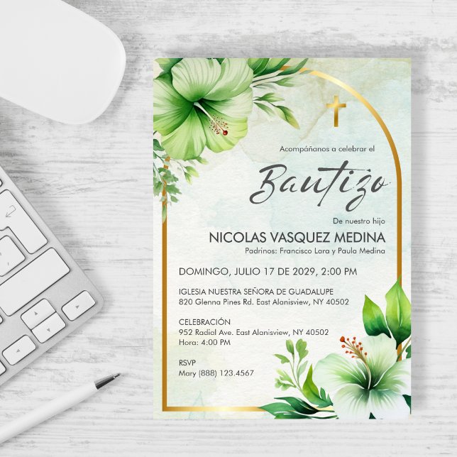 Elegant Greenery Invacion Bautizo Cute Baptism Inbjudningar (Skapare uppladdad)