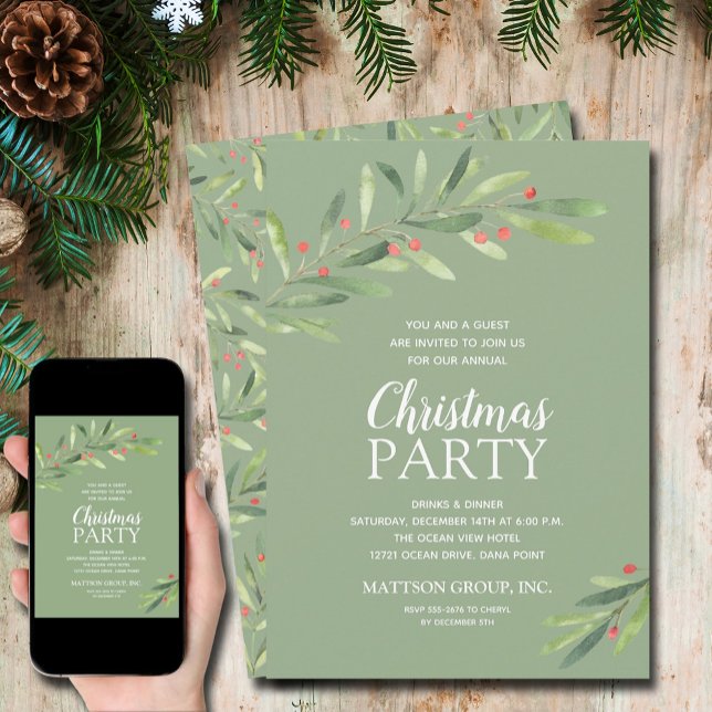 Elegant Greenery jul Party Inbjudningar (Elegant Greenery Christmas Holiday Invitations - INSTANT DOWNLOAD and/or PRINTED)