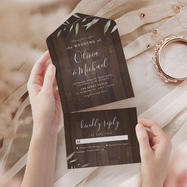 Elegant greenery ladwood county rustic bröllop (Elegant greenery barn wood county rustic wedding all in one invitation)