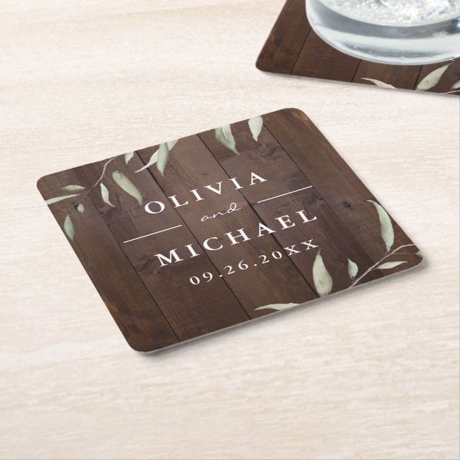 Elegant greenery ladwood county rustic bröllop underlägg papper kvadrat (Vinklad)