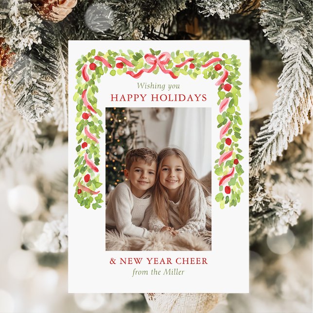 Elegant Greenery Merry Christmas Family Photo Julkort (Skapare uppladdad)
