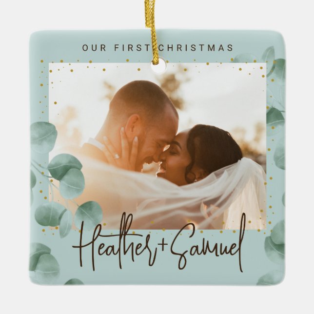 Elegant Greenery Merry och Married Photo Julgransprydnad Keramik (Framsida)