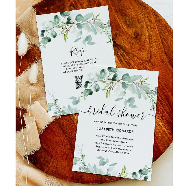 Elegant Greenery | Möhippa för QR-kod Inbjudningar (An elegant bridal shower invitation with greenery and a scannable QR code)