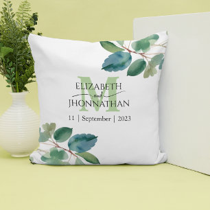 Elegant Greenery Monogram Bröllop Kudde
