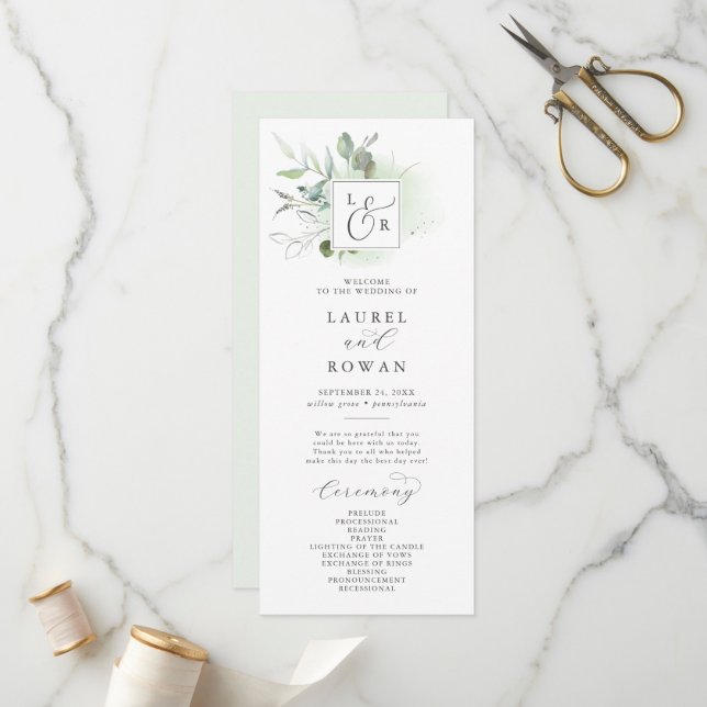 Elegant Greenery Monogram Bröllopsprogram Program (Fram/Back In Situ)