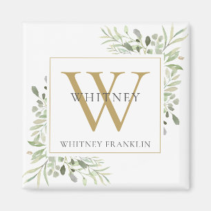 Elegant Greenery Monogram Namn Magnet