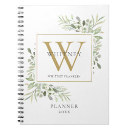 Elegant Greenery Monogram Namn Planerare 2021 Anteckningsbok