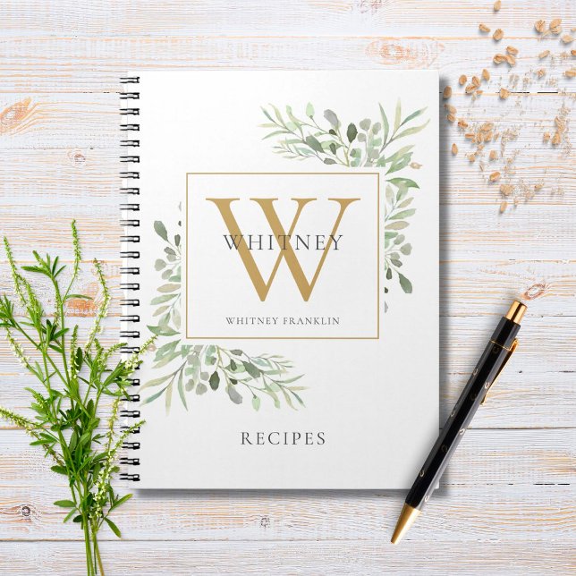 Elegant Greenery Monogram Namn Recept Kokbok Anteckningsbok (Skapare uppladdad)