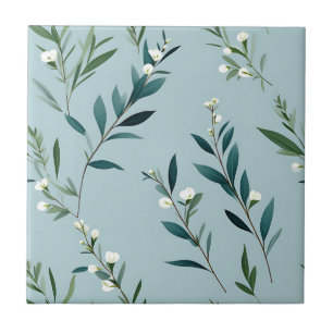 Elegant Greenery on Soft Dusty Blue Kakelplatta