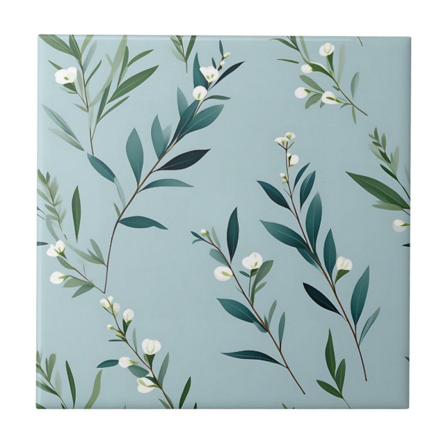 Elegant Greenery on Soft Dusty Blue Kakelplatta (Framsidan)