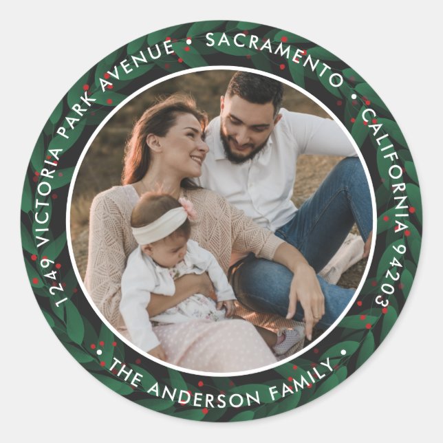 Elegant Greenery Photo Returadress Runt Klistermärke (Framsida)