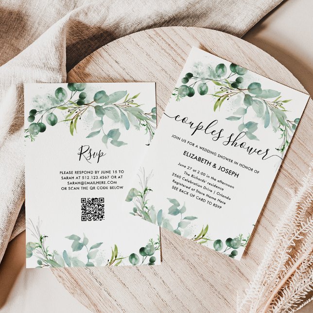 Elegant Greenery | QR Code Par Shower Inbjudningar (An elegant couples wedding  shower invitation with greenery and a scannable QR code to rsvp)