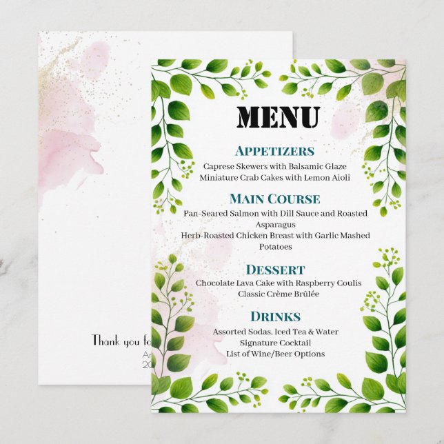 Elegant Greenery Ram Bröllop Menu Meny (Fram/baksida)