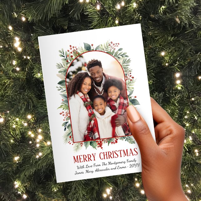 Elegant Greenery Red Arch Anpassningsbar Photo jul Julkort (Elegant Greenery Red Arch Custom Photo Christmas Holiday Card)