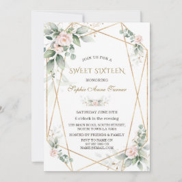 Elegant Greenery Rosa Blommigt Guld Sweet sixteen Inbjudningar