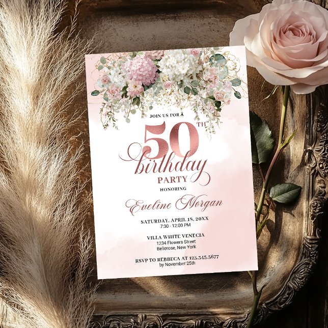 Elegant Greenery Rose Gold Blush 50th Birthday  Inbjudningar (Elegant Greenery Rose Gold Blush 50th Birthday Party Invitation

)