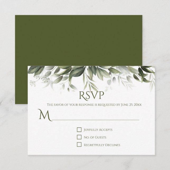Elegant Greenery RSVP - Mörkt Olivgrön OSA Kort (Fram/baksida)