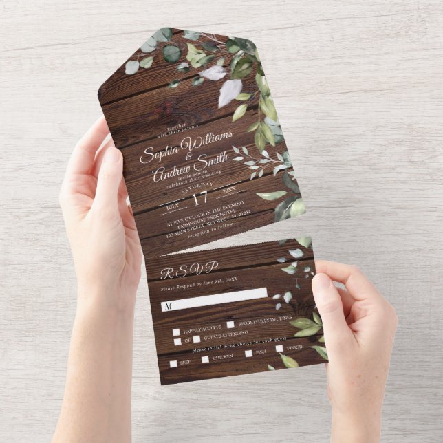 Elegant Greenery Rustic all in one-inbjudan (Tearaway)