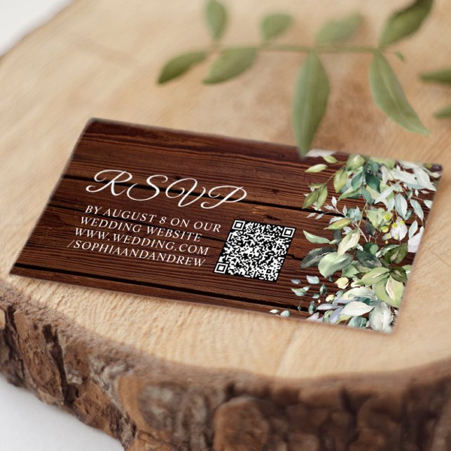 Elegant Greenery Rustic Trä Bröllop QR-kod RSVP Tilläggskort (Skapare uppladdad)