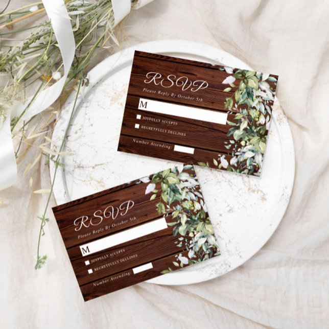 Elegant Greenery Rustic Wood Bröllop OSA Kort (Skapare uppladdad)