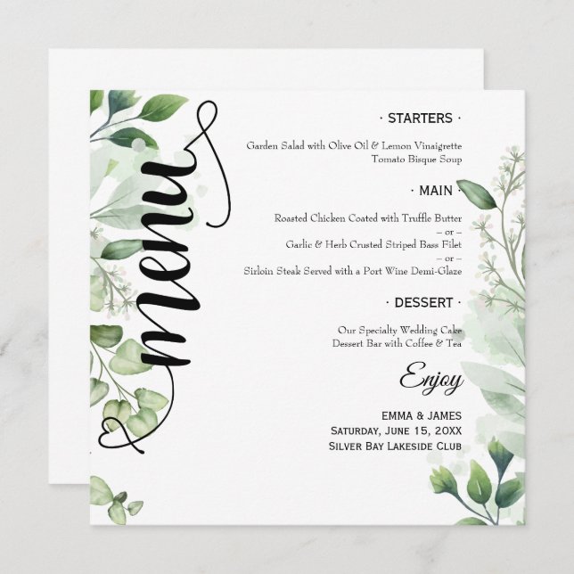 Elegant Greenery Script Round Wedding Flat Menu Meny (Fram/baksida)