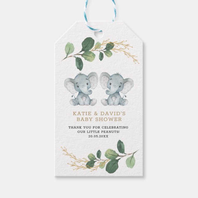 Elegant Greenery Twin Elephant Co-Ed Baby Shower Presentetikett (Framsidan)