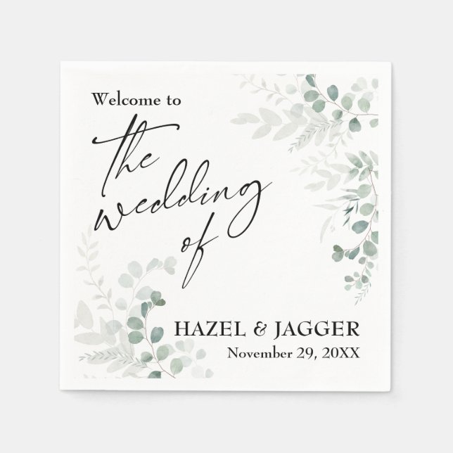 Elegant Greenery Välkommen till Bröllop i Pappersservett (Framsidan)