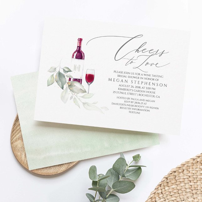 Elegant Greenery Vin Tasting Möhippa Inbjudningar (Minimalist Greenery Bridal Shower Invitations - Cheers To Love)