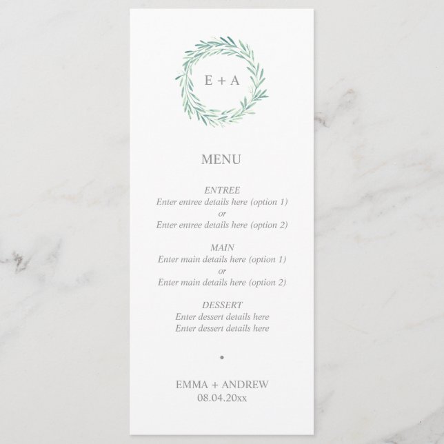 Elegant Greenery WAN Monogram Bröllop Menu Meny (Framsida)