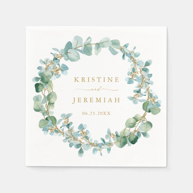 Elegant Greenery Wandan Guld Eucalyptus Bröllop Pappersservett (Framsidan)