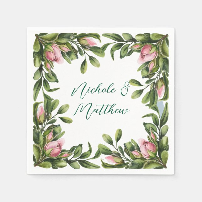 Elegant Greenery Wandan med Rosa ros Bud Bröllop Pappersservett (Framsidan)
