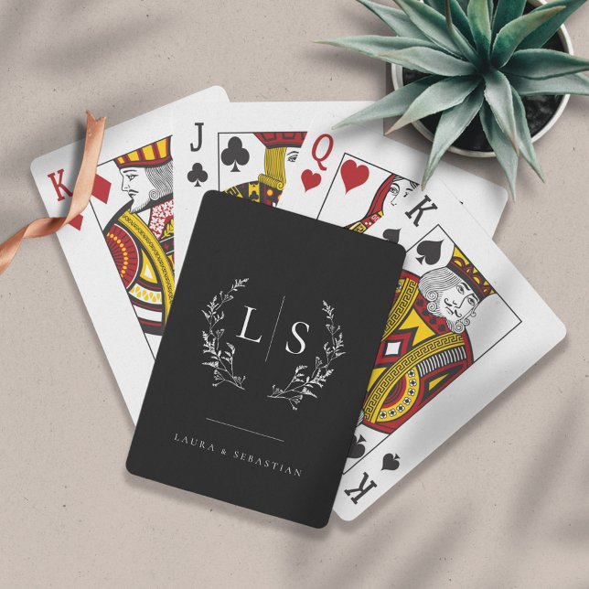 Elegant Greenery Wandeys Monogram Black Casinokort (Skapare uppladdad)