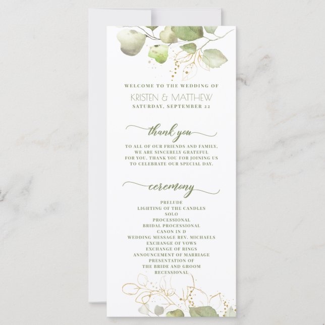 Elegant Greenery Watercolor Blommigt Guld Program (Framsida)