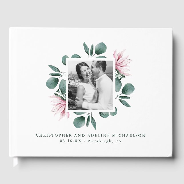 Elegant Greenery Watercolor Ram Photo Bröllop Gästböcker (Framsida)