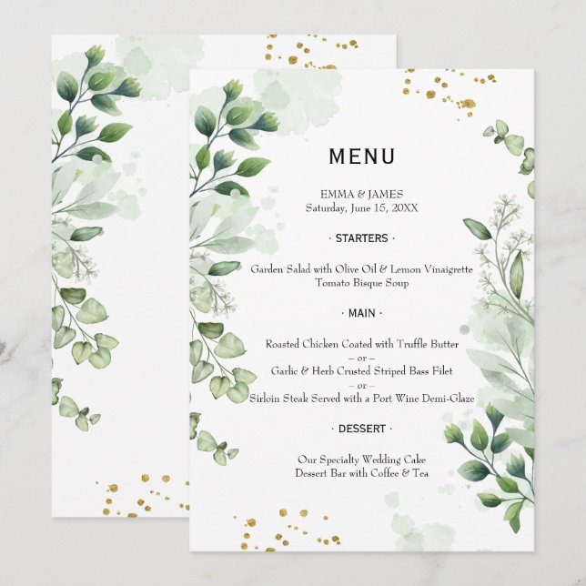 Elegant Greenery Watercolor Wedding Menu Meny (Fram/baksida)